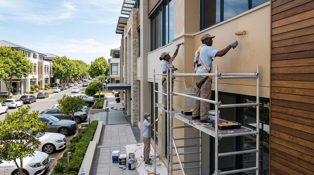Professional commercial painters on scaffolding painting a building on the Cape Town
