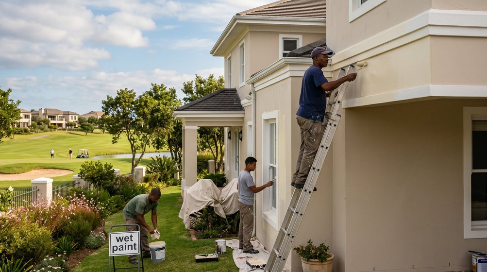 Professional estate painters painting a luxury golf estate home on the Cape Town