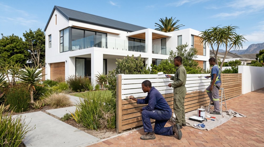 Professional fence painters painting a wooden fence at a Cape Town home in Vredehoek