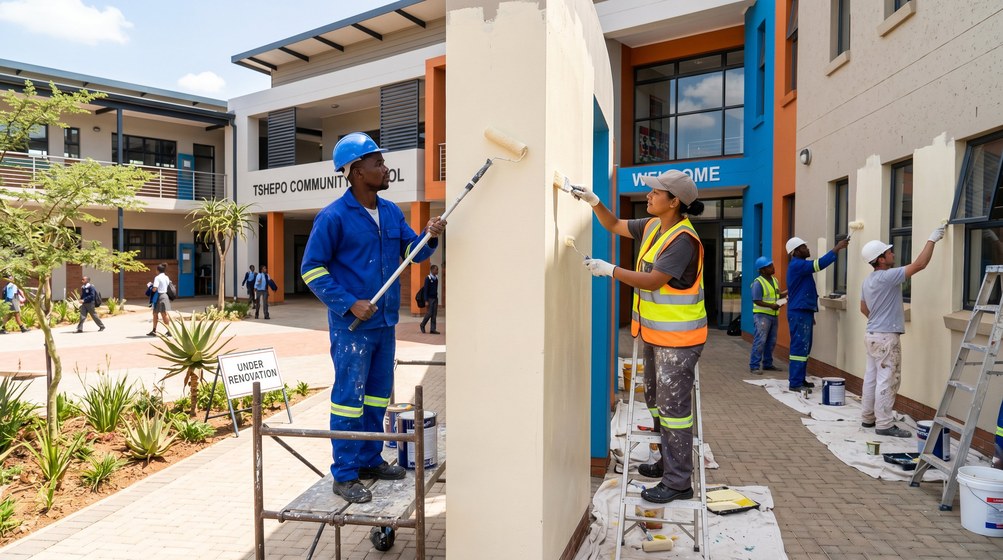 Professional school painting team painting a community school on the Cape Town